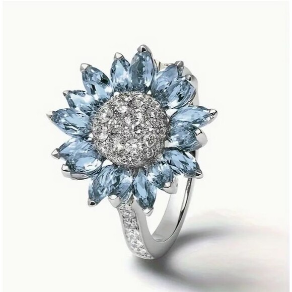 Silver Blue Marquise Flower Ring Clear Stones Center Size 9 - Picture 2 of 3